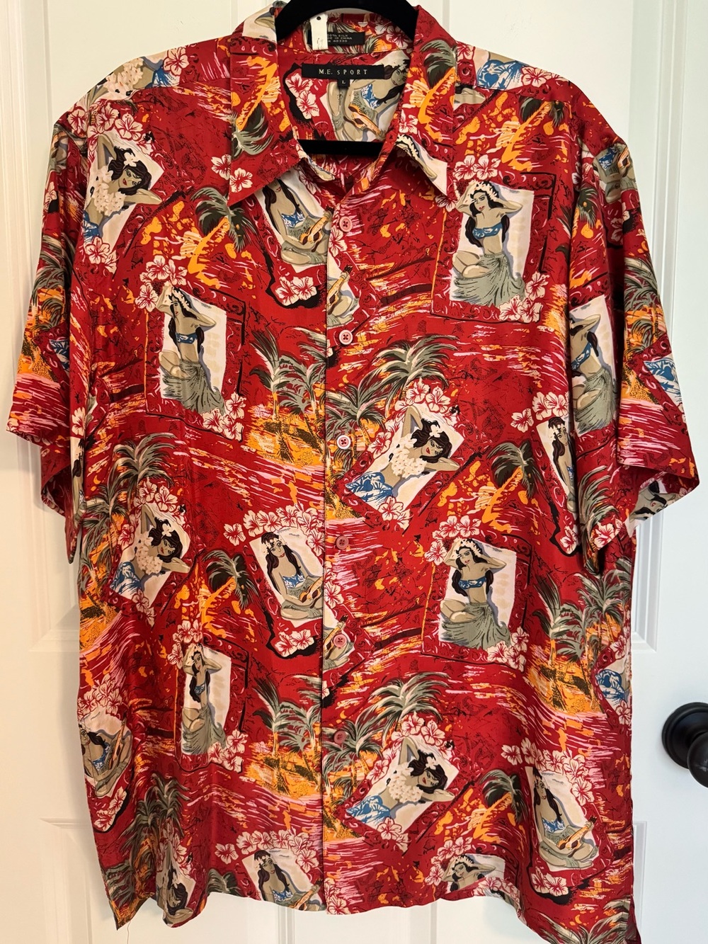 M.E. Sport 100% Silk Hawaiian Hula Girl Camp Shirt Men’s Large Red Aloha